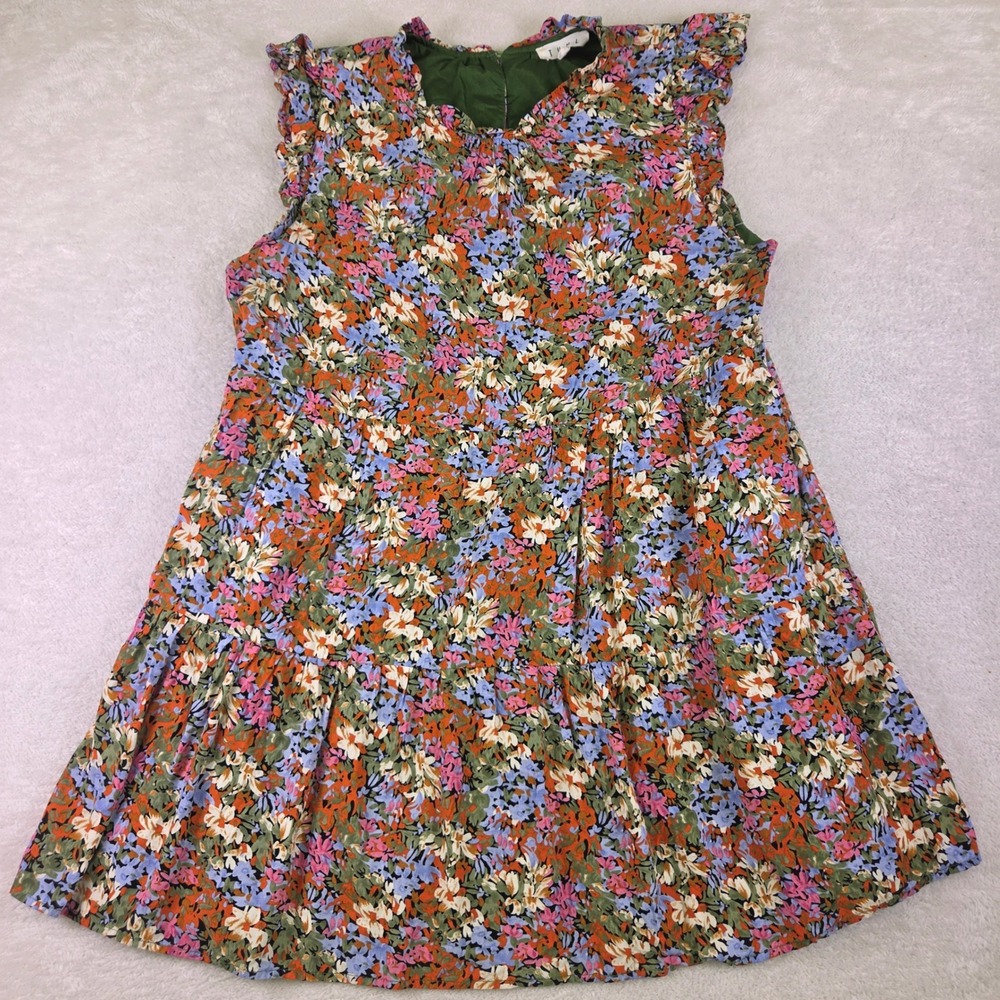 THML Womens Green Multi Floral Ruffle Sleeve Tiered Rayon Mini Dress L 4881
